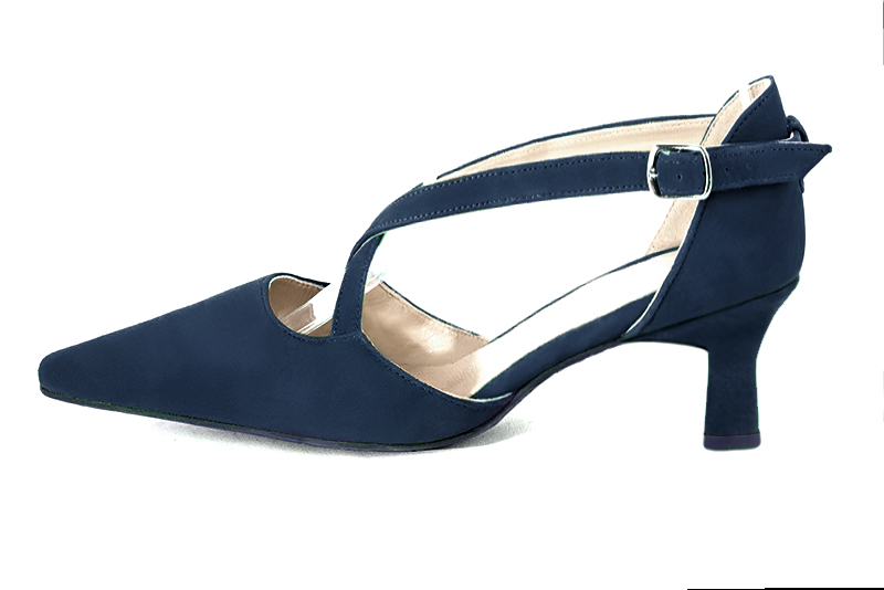 Navy blue women's open side shoes, with crossed straps. Tapered toe. Medium spool heels - Florence KOOIJMAN